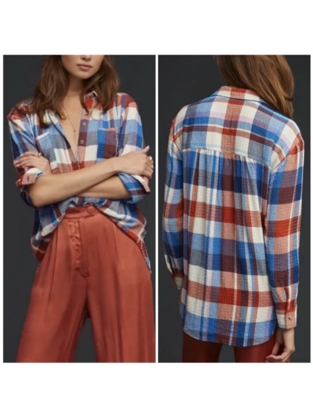Anthropologie Plaid Button-Down Shirt in Blue, Rust, White